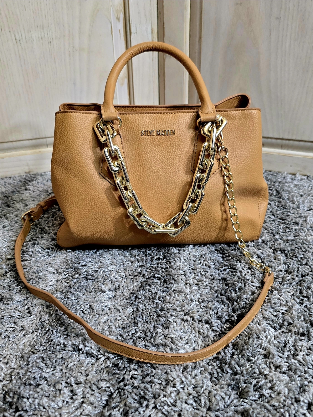 Coming Soon Steve Madden Tan Pebbled Leather Satchel with Gold Chain Accent